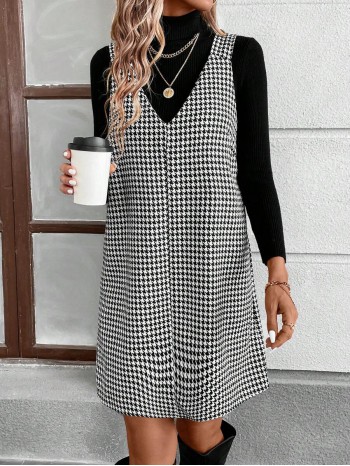  Autumn Casual Street Style Black And White Houndstooth Suspender Dress For Women