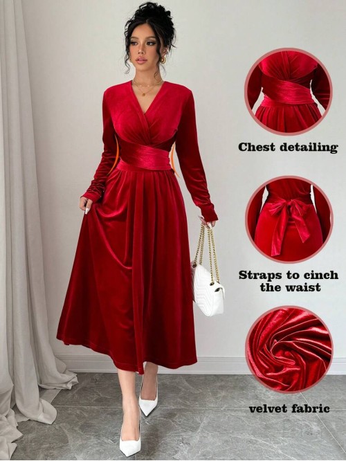  V Neck Waist Detail Cinched Waist Long Sleeve Velvet Ladies Dress For Christmas Party Season