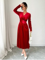  V Neck Waist Detail Cinched Waist Long Sleeve Velvet Ladies Dress For Christmas Party Season