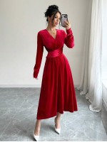  V Neck Waist Detail Cinched Waist Long Sleeve Velvet Ladies Dress For Christmas Party Season