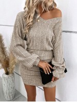  Drop Shoulder Ribbed Knit Bodycon Dress