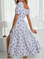  Allover Floral Knot Split Thigh A Line Milkmaid Dress