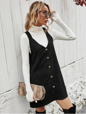  Solid Button Front Corduroy Overall Dress