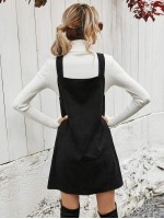  Solid Button Front Corduroy Overall Dress