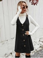  Solid Button Front Corduroy Overall Dress