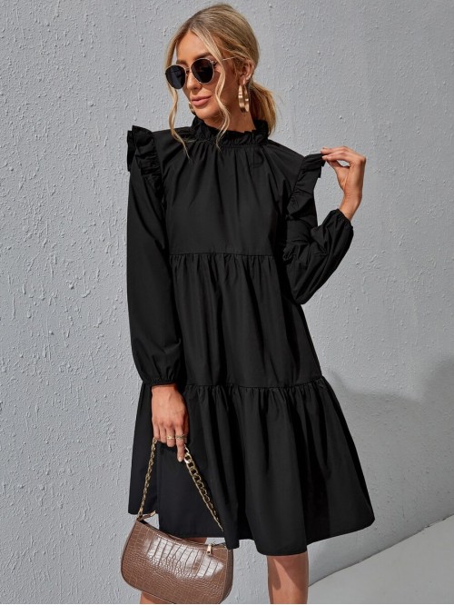  Ruffle Trim Ruched Front Smock Dress