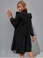  Ruffle Trim Ruched Front Smock Dress