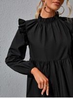  Ruffle Trim Ruched Front Smock Dress