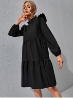  Ruffle Trim Ruched Front Smock Dress