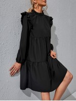  Ruffle Trim Ruched Front Smock Dress