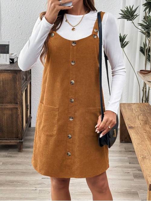  Brown Corduroy Overall Dress With Pockets For Women Fall Clothes Leopard Fall Tops Fall Outfits