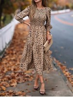  Dalmatian Print Ruffle Hem Shirred Dress