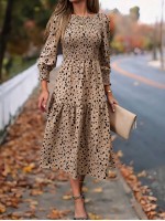  Dalmatian Print Ruffle Hem Shirred Dress