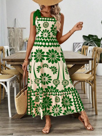  Vintage Print Laced Shoulder Cut Out Waist Summer Maxi Dress