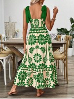  Vintage Print Laced Shoulder Cut Out Waist Summer Maxi Dress