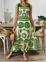  Vintage Print Laced Shoulder Cut Out Waist Summer Maxi Dress