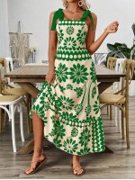  Vintage Print Laced Shoulder Cut Out Waist Summer Maxi Dress