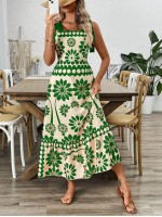  Vintage Print Laced Shoulder Cut Out Waist Summer Maxi Dress