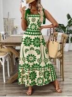  Vintage Print Laced Shoulder Cut Out Waist Summer Maxi Dress