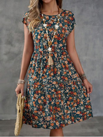  Women s Floral Print Round Neck Short Sleeve Dress