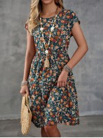  Women s Floral Print Round Neck Short Sleeve Dress