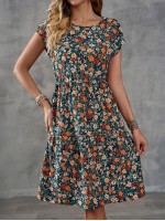  Women s Floral Print Round Neck Short Sleeve Dress