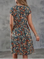  Women s Floral Print Round Neck Short Sleeve Dress