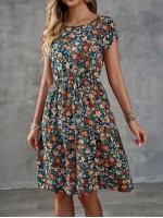  Women s Floral Print Round Neck Short Sleeve Dress