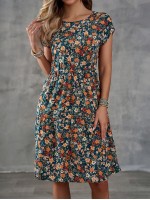  Women s Floral Print Round Neck Short Sleeve Dress