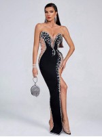 Pearls Beaded Split Thigh Tube Longline Dress