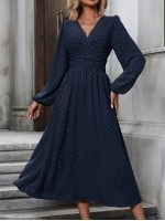  Swiss Dot Surplice Neck Lantern Sleeve Dress