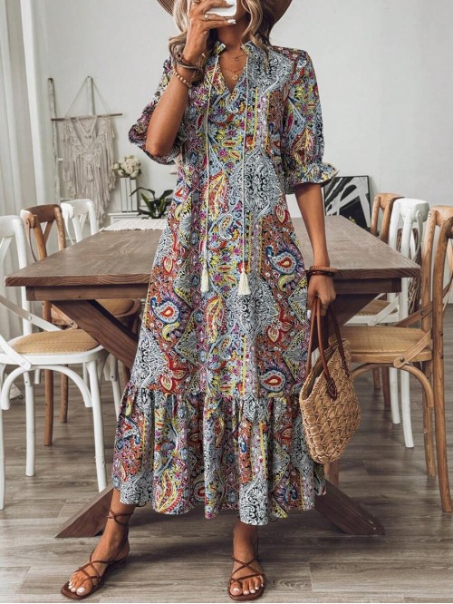  Women s Bohemian Style Printed Mid Sleeve Dress