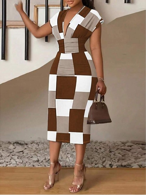  Lady Deep V Neck Colorblock Bodycon Dress