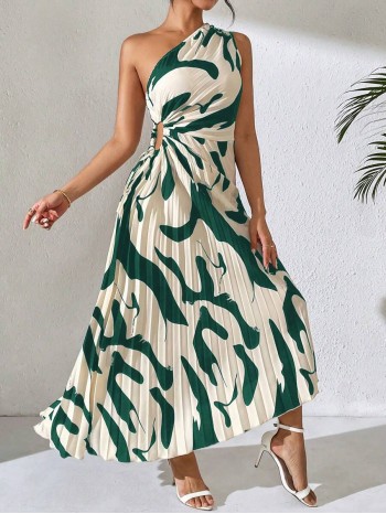  Frenchy Summer Asymmetric Neckline Pleated Hollow Out Printed Long Dress