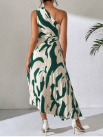  Frenchy Summer Asymmetric Neckline Pleated Hollow Out Printed Long Dress