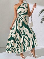  Frenchy Summer Asymmetric Neckline Pleated Hollow Out Printed Long Dress