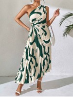  Frenchy Summer Asymmetric Neckline Pleated Hollow Out Printed Long Dress