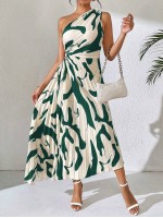  Frenchy Summer Asymmetric Neckline Pleated Hollow Out Printed Long Dress