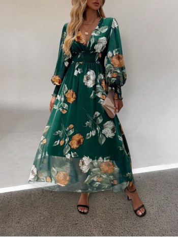  Frenchy Women Floral Print V Neck Lantern Sleeve Elegant Long Dress