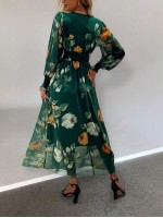  Frenchy Women Floral Print V Neck Lantern Sleeve Elegant Long Dress