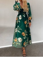  Frenchy Women Floral Print V Neck Lantern Sleeve Elegant Long Dress