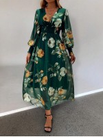  Frenchy Women Floral Print V Neck Lantern Sleeve Elegant Long Dress