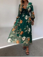  Frenchy Women Floral Print V Neck Lantern Sleeve Elegant Long Dress