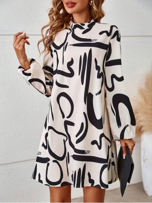  Graphic Print Mock Neck Lantern Sleeve Dress