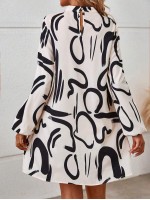  Graphic Print Mock Neck Lantern Sleeve Dress