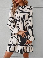  Graphic Print Mock Neck Lantern Sleeve Dress