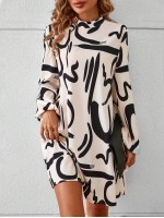  Graphic Print Mock Neck Lantern Sleeve Dress