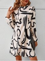  Graphic Print Mock Neck Lantern Sleeve Dress