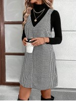  Autumn Casual Street Style Black And White Houndstooth Suspender Dress For Women