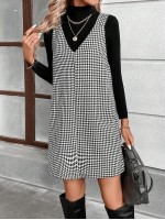  Autumn Casual Street Style Black And White Houndstooth Suspender Dress For Women